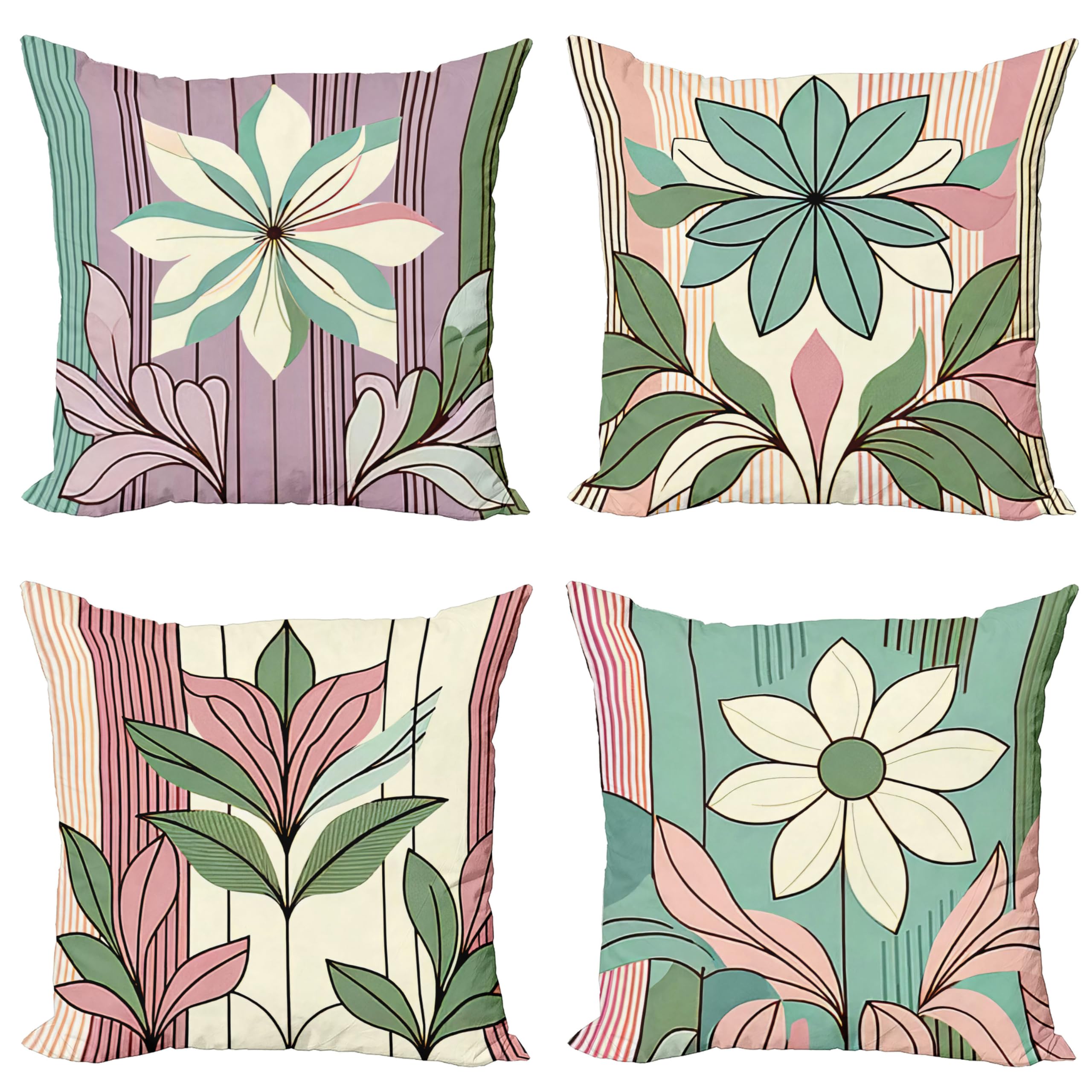 AmbesonneFloral Throw Pillow Cushion Cover Set of 4, Vintage Themed Pastel Concept Bold Flowers and Leaves Garden Blossom, Decorative Accent Double-Sided Printing, 20", Blush Pale Seafoam Green