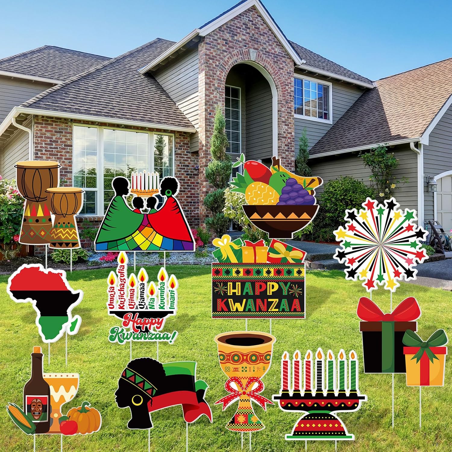 Xuhal 12 Pcs Kwanzaa Holiday Yard Signs Plastic African Heritage Themed Lawn Signs with Stakes Waterproof Outdoor Sign Kwanzaa Decorations for Kwanzaa Themed Party Outdoor Ornaments
