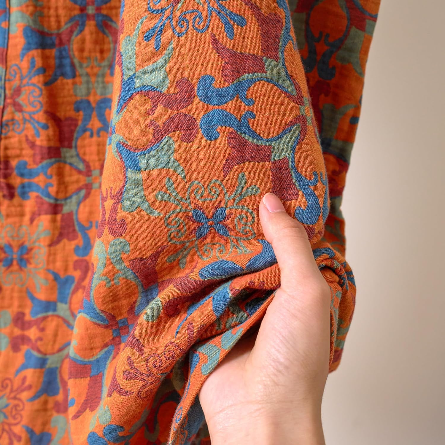 100% Cotton Gauze Ginkgo Leaf Kimono Robe, Long Knit Loose Bathrobe Nightgown Ladies Loungewear Sleepwear for Women - Image 7