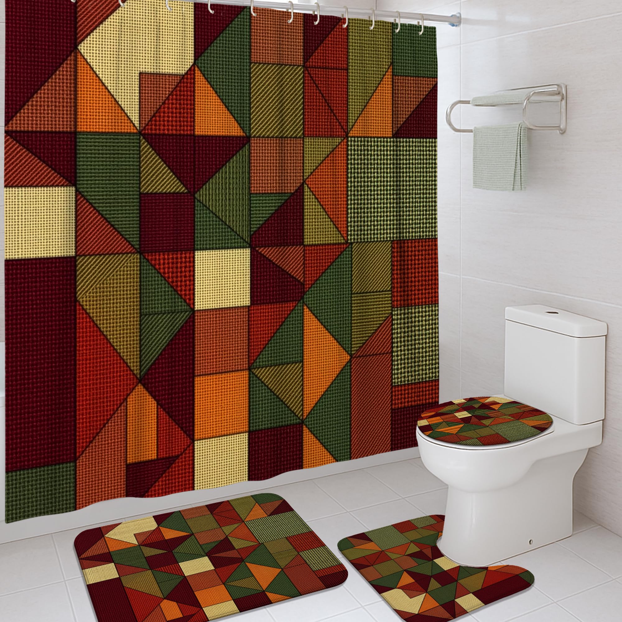 Ensemble rideau de douche géométrique et tapis de bain imperméable en polyester d'automne 183cm