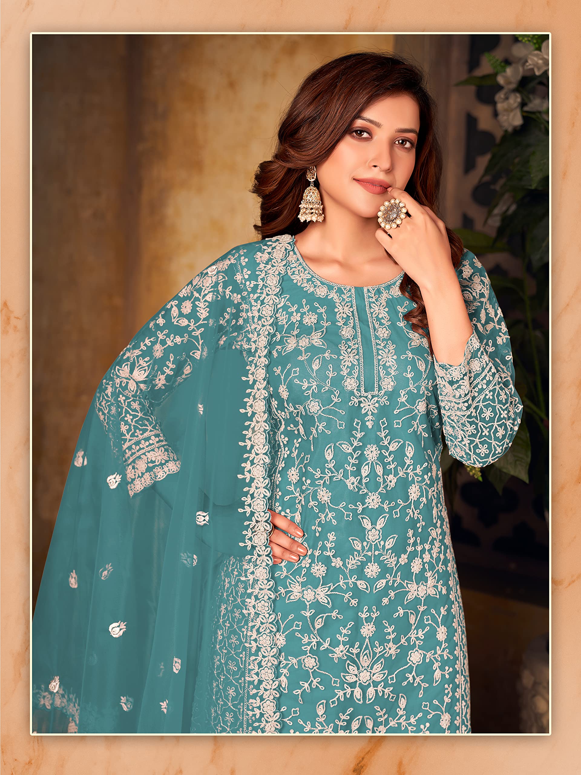 Premium Soft Net Embroidered Palazzo Suit with Elegant Dupatta for Women Festival and Party Wear