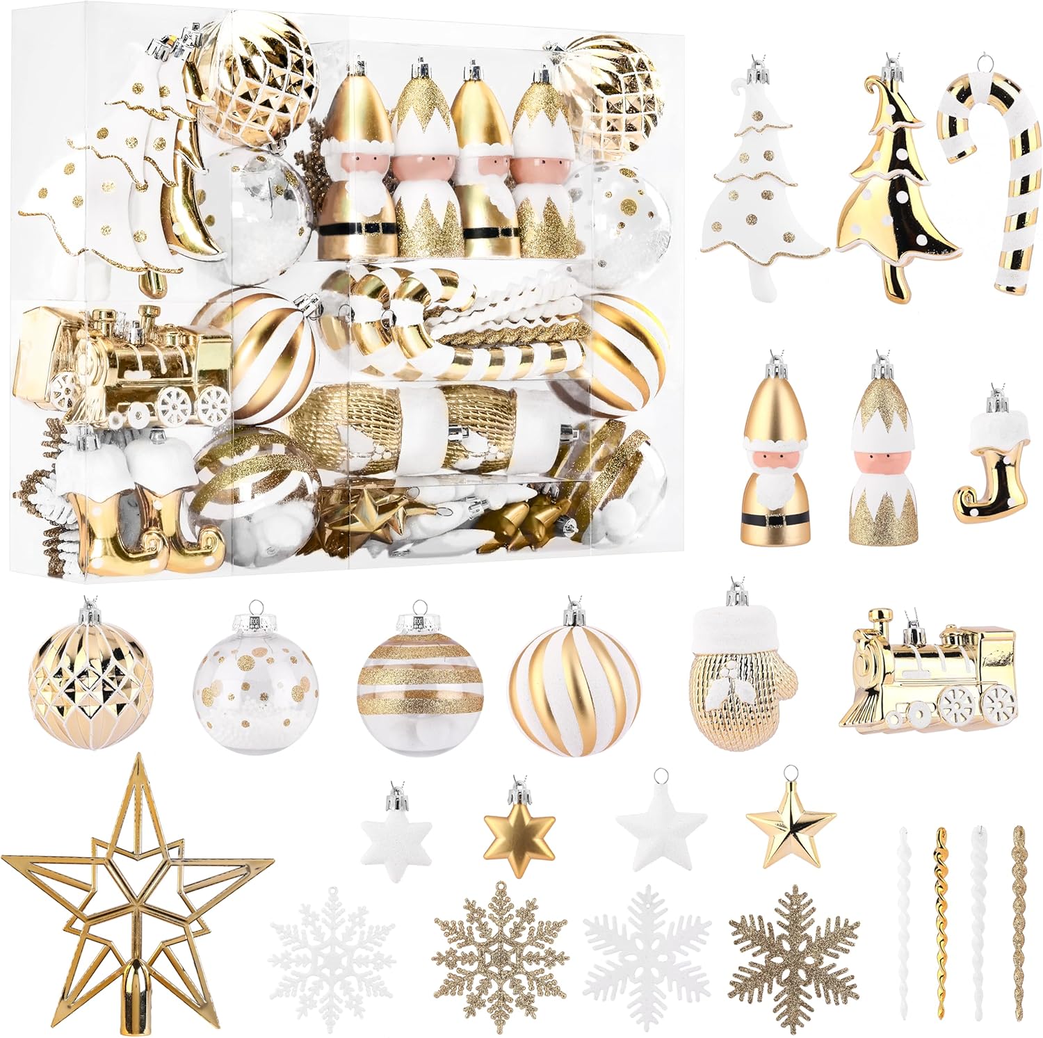 Alupssuc 95pcs Christmas Balls Ornaments Set, Shatterproof Plastic Baubles, Soldiers, Christmas Socks for Xmas Tree Holiday Wedding Party Decorations with Hanging Strings, Gold and White