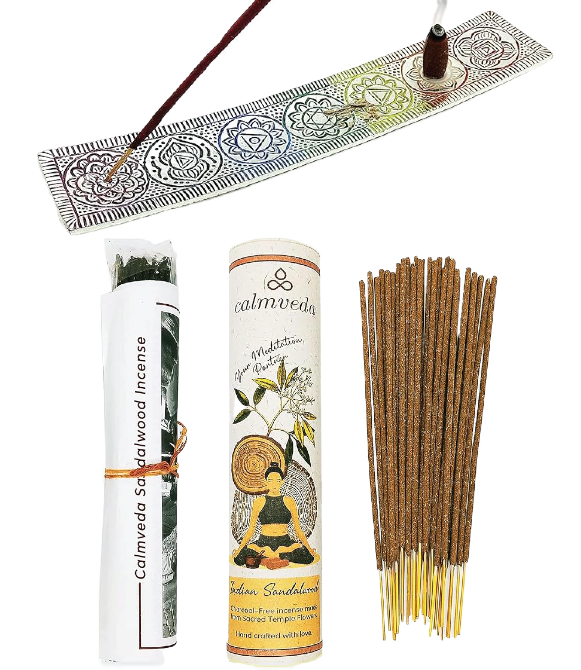 CalmvedaIndian Sandalwood Incense with Chakra Incense Holder (80 Sticks + 1 Holder) | Beautiful Natural Incense and Holder Combo for Home Decor and Spiritual Practice
