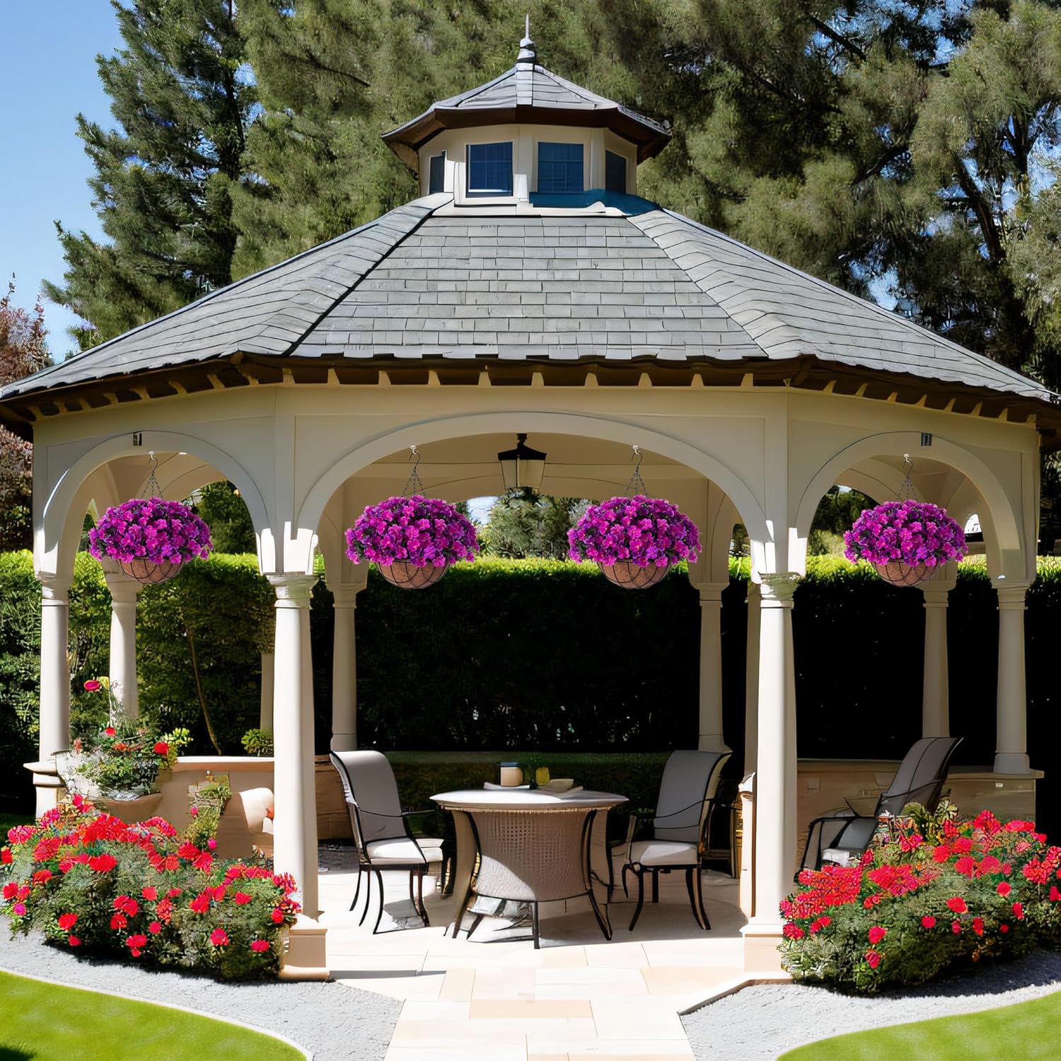 Artificial Hanging Flowers with Basket Outdoors, Fake Hydrangea UV Resistant Arrangements in Pot Planter Spring Summer Decor for Indoor Porch Garden Yard(Double Lotus) - Image 6