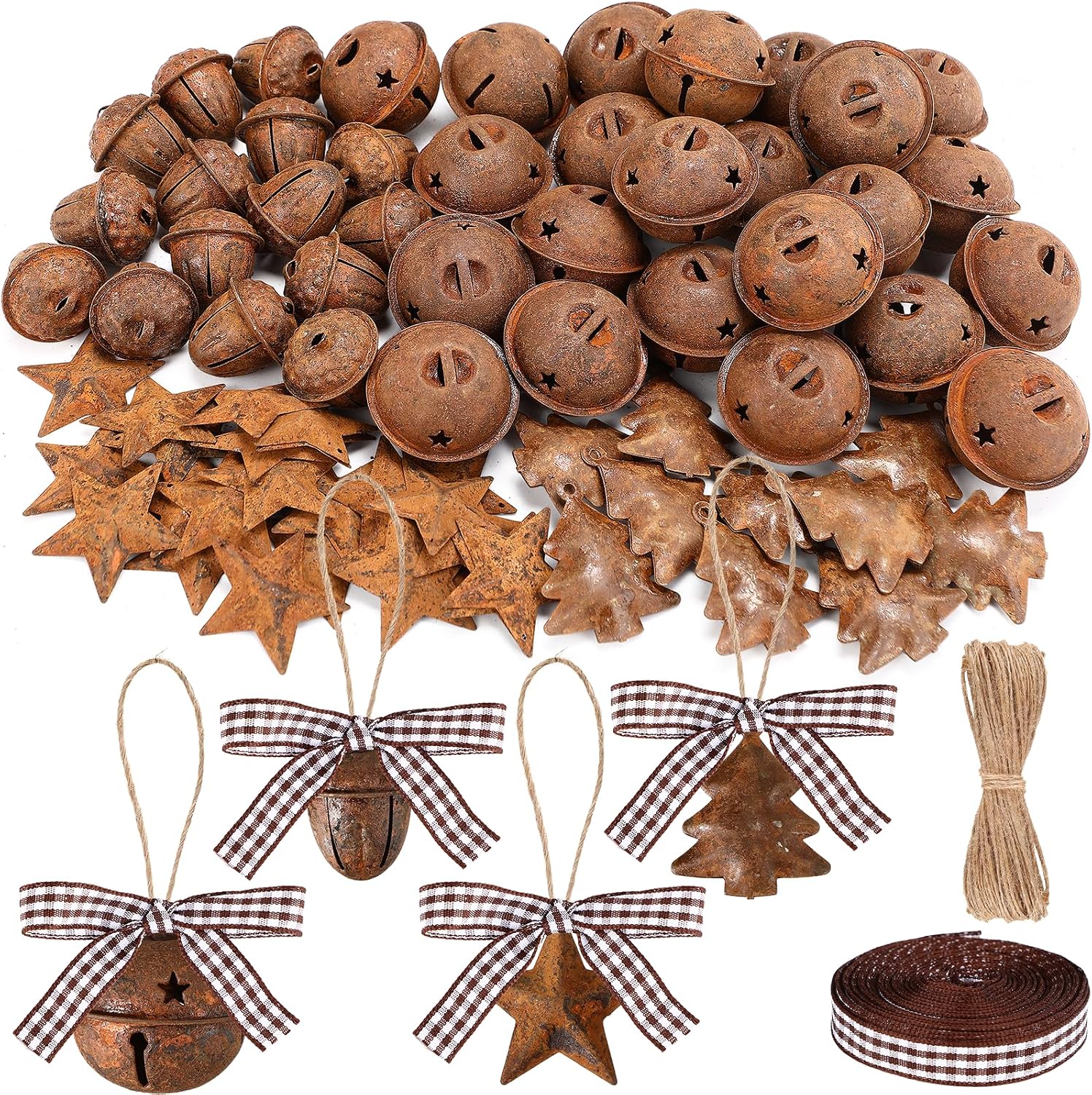 80 Pcs Christmas Rusty Metal Jingle Bells Kit for Xmas Trees