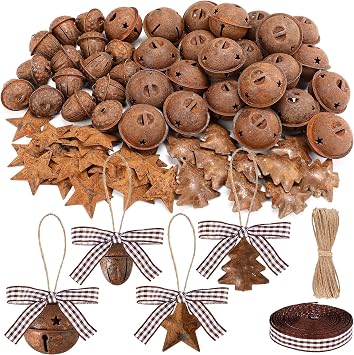 80 Pcs Christmas Rusty Metal Jingle Bells Kit Includes 25 Retro Rusty Bells 25 Rustic Metal Star 15 Country Acorn 10 Christmas Tree Bell with Jute Rope Ribbon Xmas Wreath Holiday Decoration