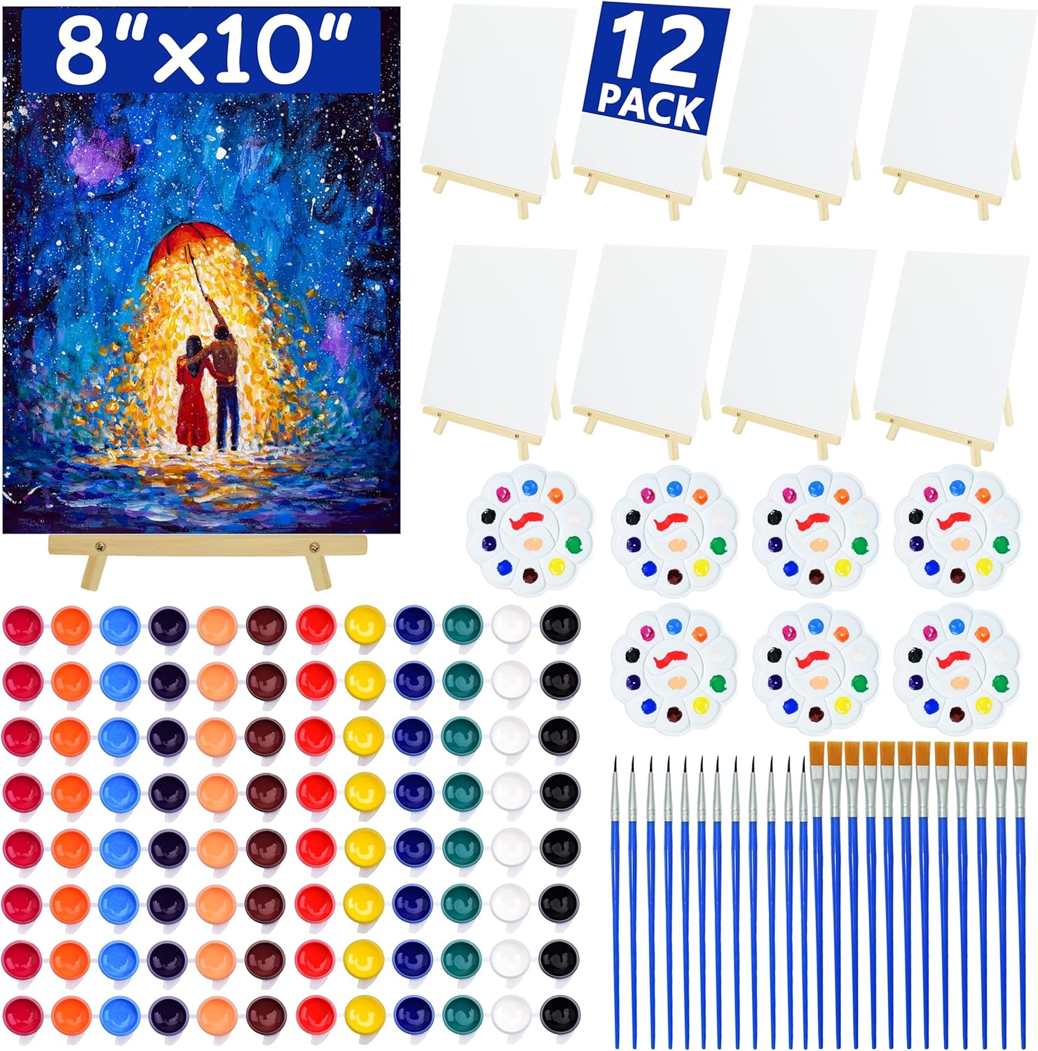 12Pack 8x10 Inch Canvas and Easel Set, Sip and Paint Kit for Adults,Art Canvas Bulk with Easels Stands, Trays,Small Paint Brushes,12 Colors Mini Acrylic Paint Set for Couples,Kids and Party Supplies
