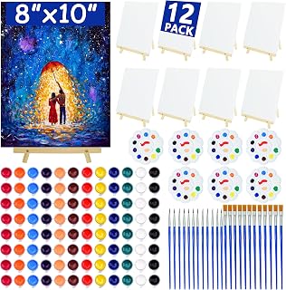 12 Pack 8x10 Canvas and Easel Set, Paint and Sip Kit for Adults Party