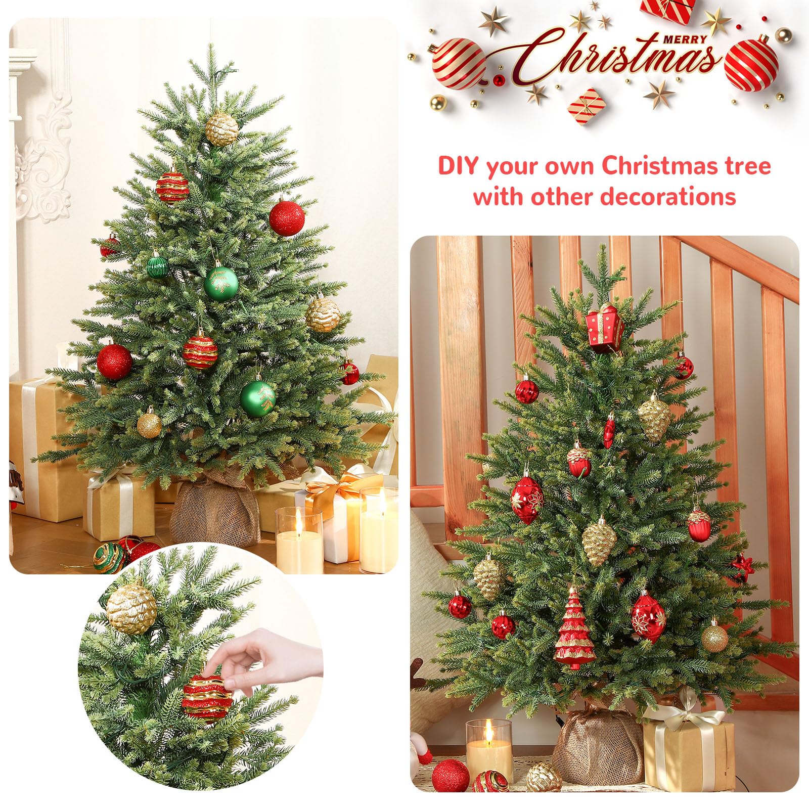 Alupssuc 95 cm Árbol de Navidad Artificial Preiluminado, Puntas de Ramas de PE Tupidas y Naturales, Luces LED Premium 90, 12 Modos de Luz, Decoraciones Navideñas