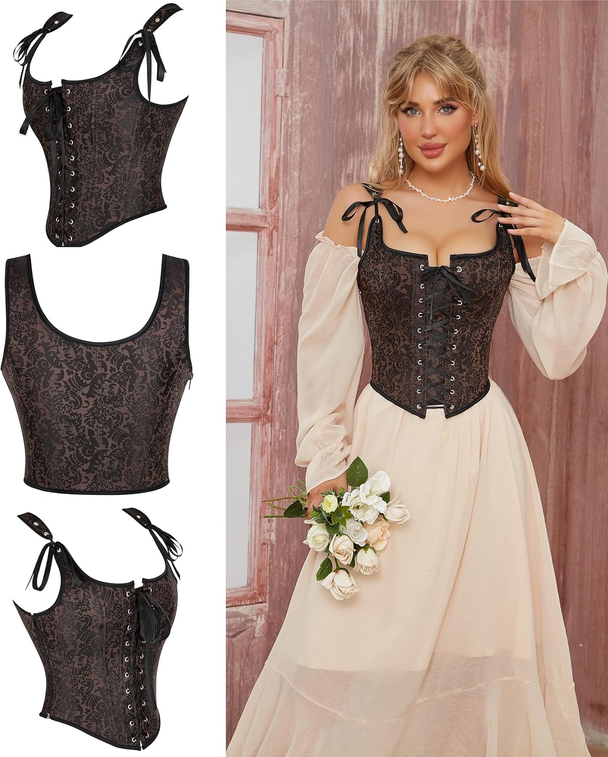 Renaissance Floral Corset Tops for Women Going-Out Vintage Brown Push-Up Overbust Bustier Lace-Up Boned Bodyshaper - Image 4