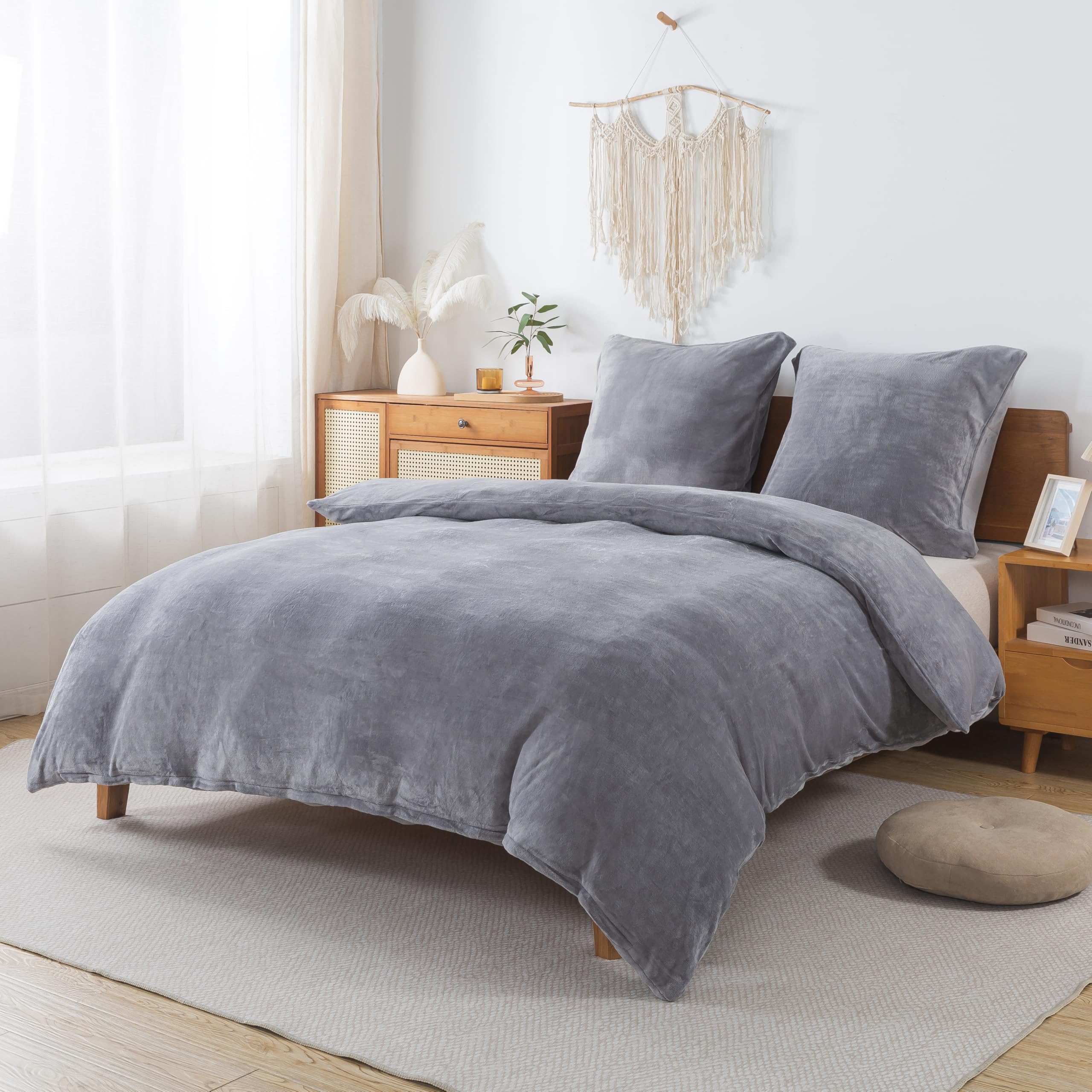 WUMIUER Plüsch Bettwäsche 135x200 cm Grau 2tlg Set, Winter Biber Warm Flauschig Bettbezug und 1 Kissenbezug 80x80cm, Kuschelig Weich Cashmere Touch Flanell Fleece Bettdeckenbezug Bettdecke Cover