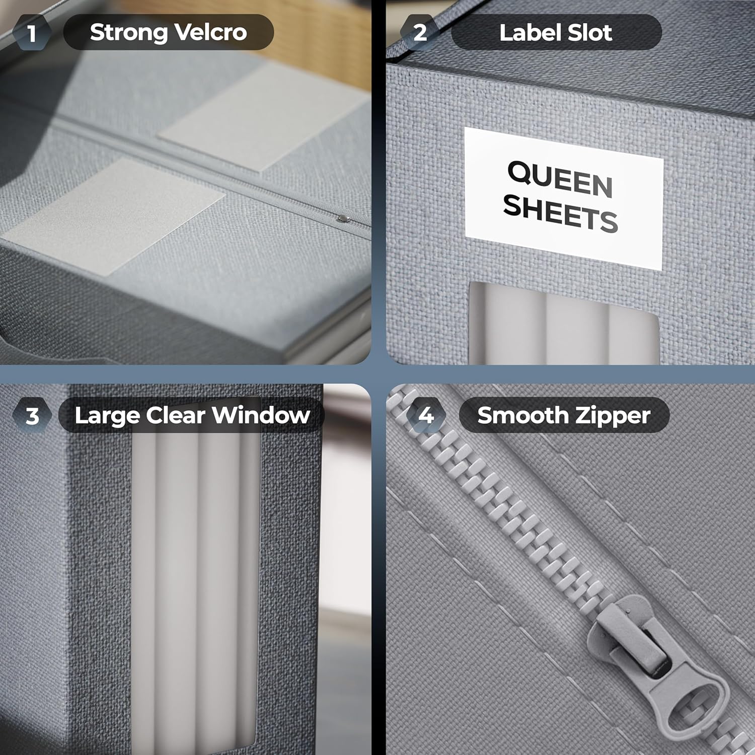 TIMBLE Bed Sheet Organizers & Storage, 10 Pack for King, Queen & Large Sheet Sets, Closet Organizer for Linens, Clothes, Blankets & Bedding, Foldable Fabric Bins with Handle, Name Tag & Window (Gray)