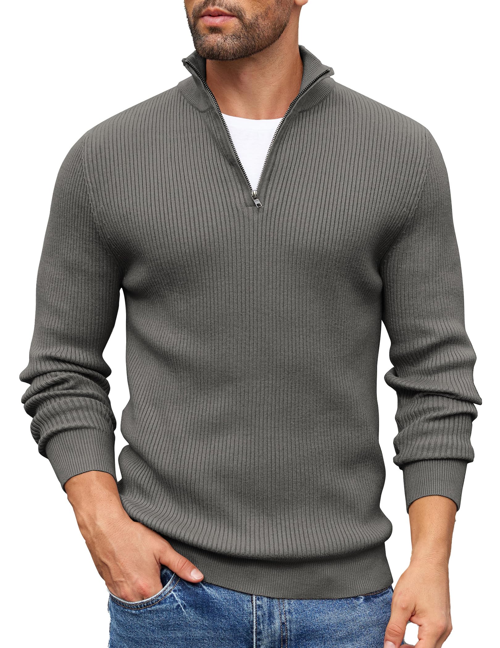 COOFANDY Jersey Hombre Invierno Suéter Cuello Alto Regular Fit Jersey de Canalé con Cremallera de un Cuarto Suéteres de Punto