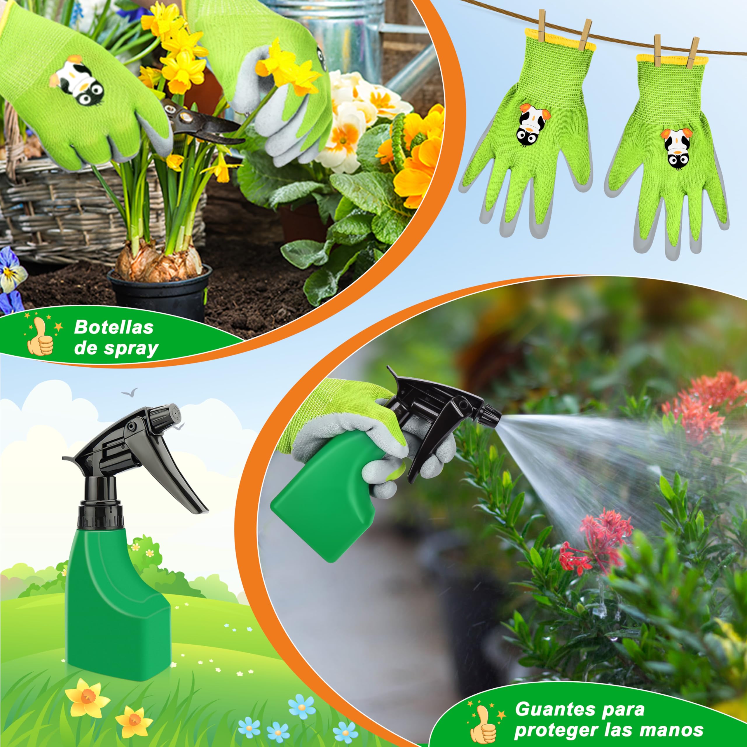 IEEILULU Juego de herramientas de jardín para niños, herramientas de jardín para niños, de madera, 7 piezas, juguete de jardín extraíble con delantal regadera, juguete de jardín al aire libre para