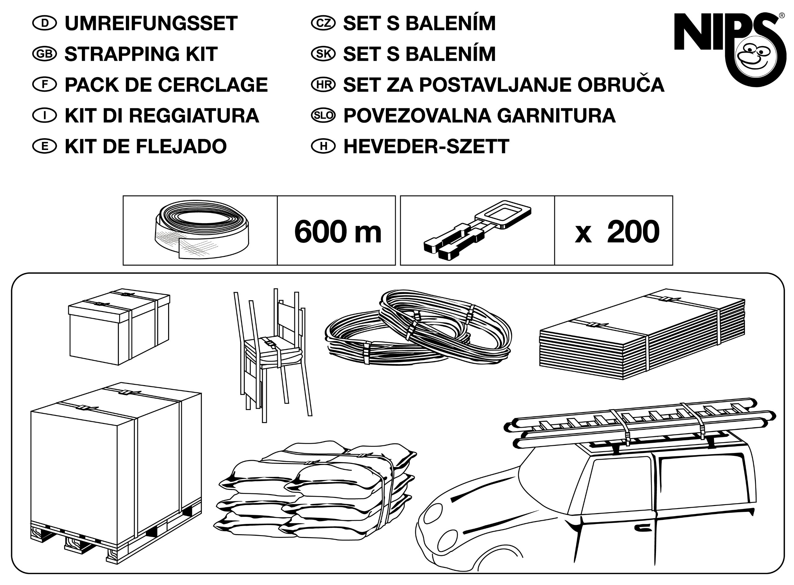 NIPS 140803001 zestaw do owijania (600 m taśmy PP + 200 klamerek z tworzywa sztucznego)