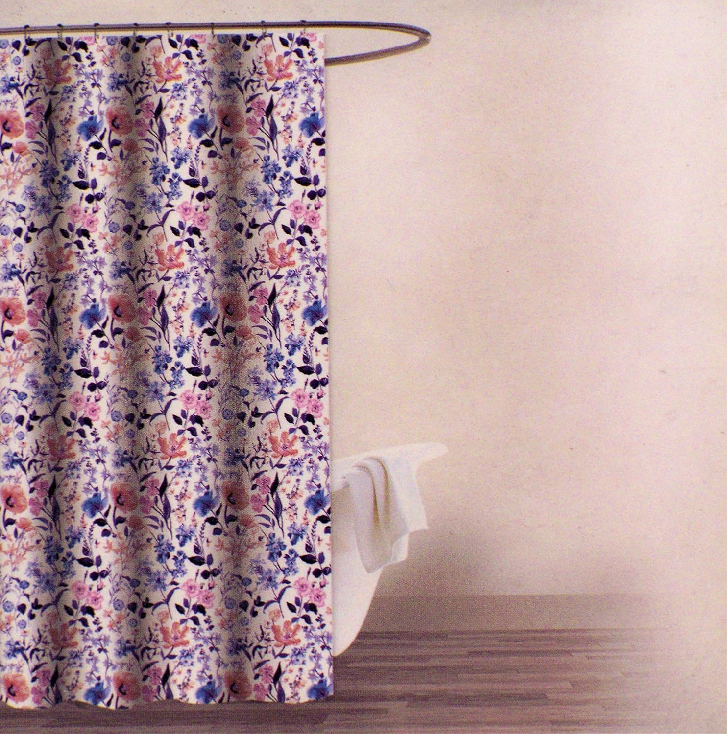 Envogue Cloth Shower Curtain Blue Pink Flowers Leaves on White Background