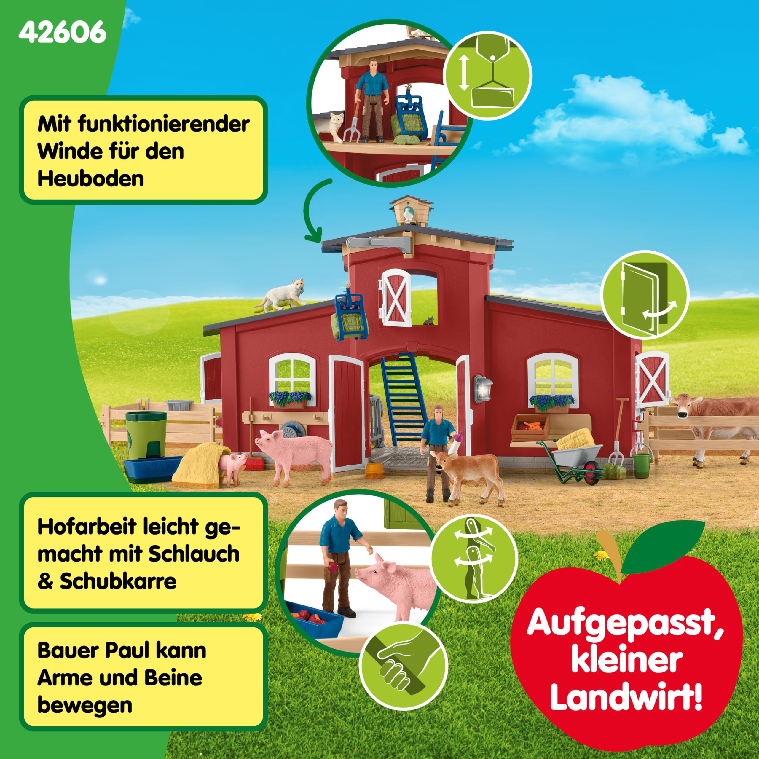 Schleich Farm World | Große rote Farm mit Bauernhaus 42606 | 92 Teile | Set inkl. Haus, Bauer, Kuh, Schwein, Katze, Maus & Zubehör | Bauernhof Spielzeug für Mädchen & Jungen ab 3 Jahren