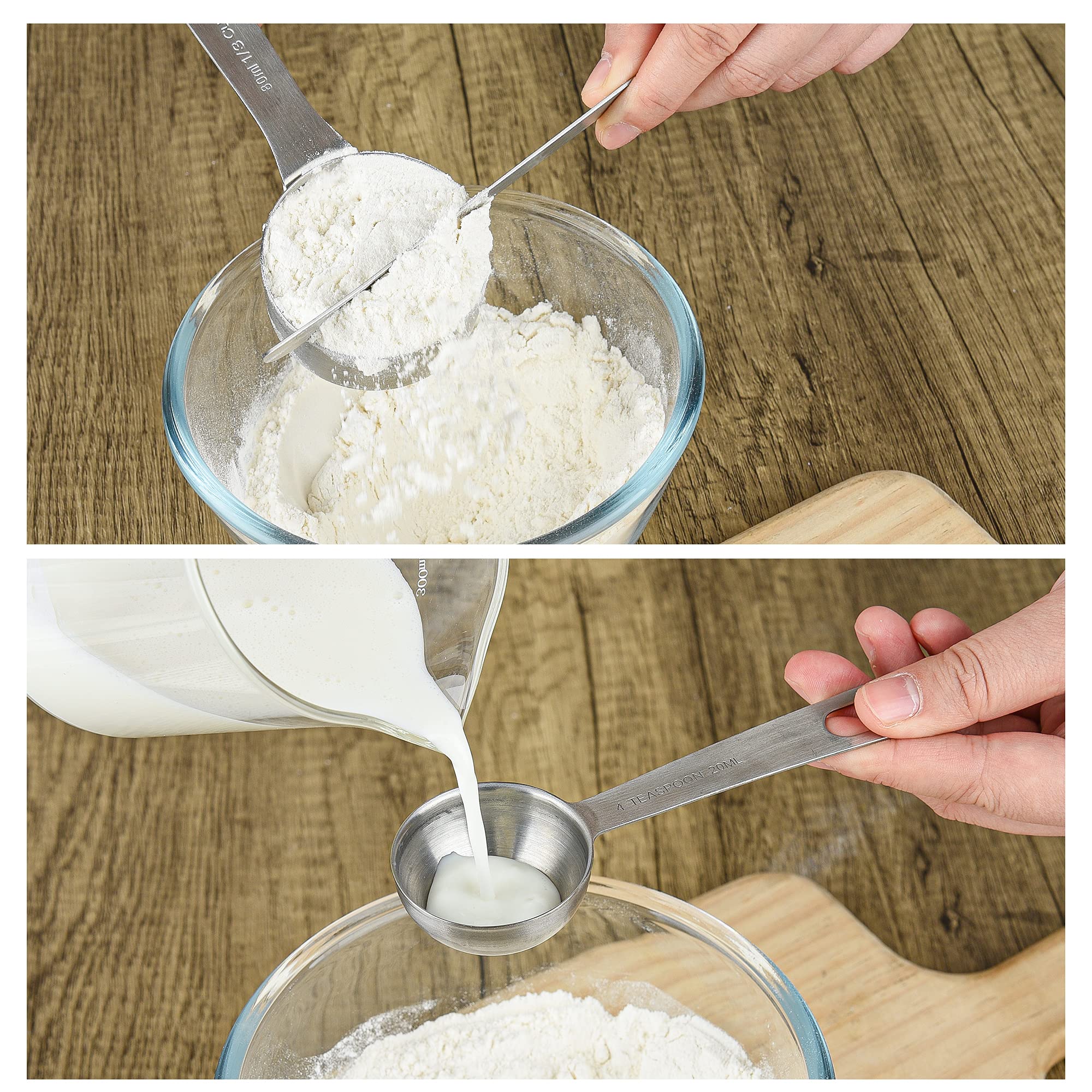 Messbecher und Löffel Set, 18/8 Edelstahl 7 Messbecher und 8 Messlöffel mit Nivellierer, Küchenmessbecher Löffel, Schwerlast Backen Messbecher Löffel, 16 Stück