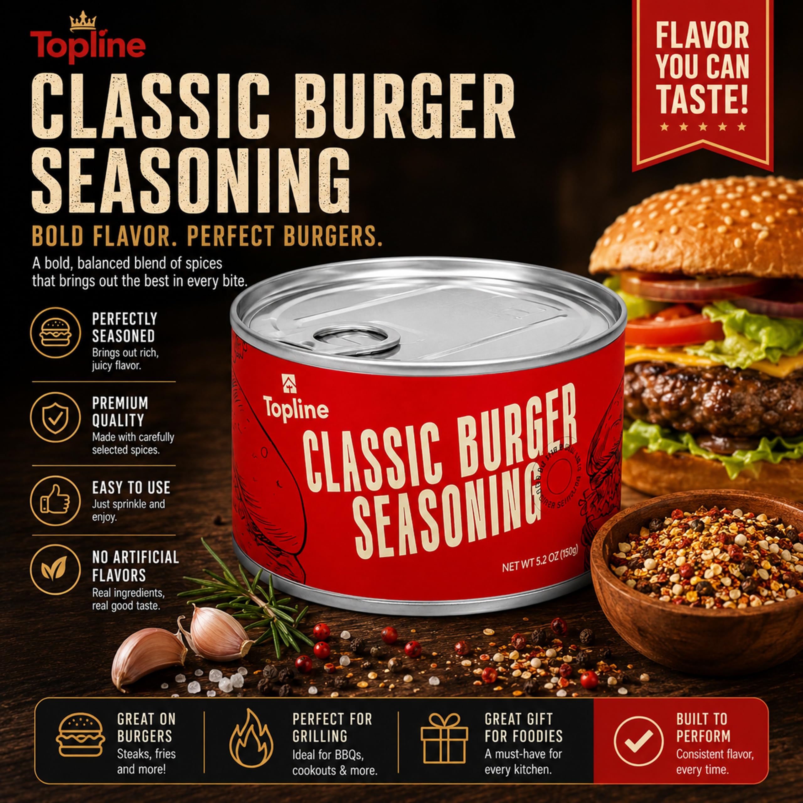 Pressa per hamburger e condimento classico, set per hamburger con condimento per hamburger gourmet, perfetto strumento per barbecue e set di spezie per hamburger fatti in casa, regalo per gli amanti