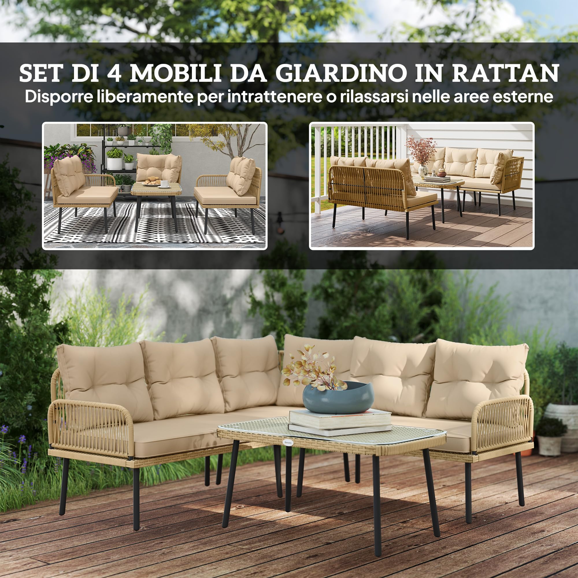 Outsunny Set di Mobili da Giardino in Rattan 4 Pezzi, Salotto da Esterno con 2 Divano a 2 Posti, Poltrona Angolare, Tavolino da Caffè in Vetro e Cuscini Lavabili, Struttura in Acciaio, Naturale/Beige
