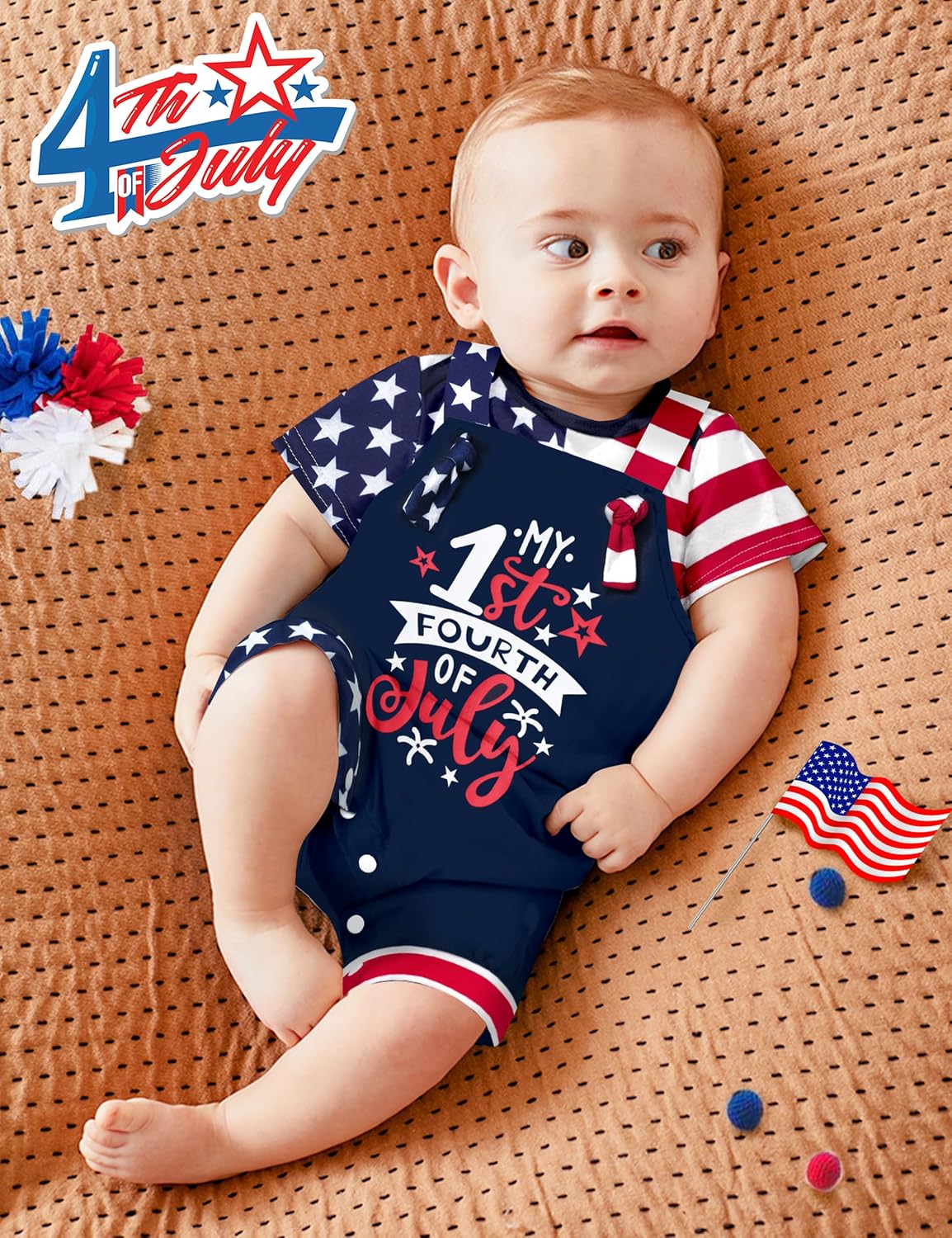 MIGU 4th Of July Baby Boy Outfits My First 4th Of July Work Romper+Stars And Stripes Short-Sleeved T-Shirt 2pcs Sets