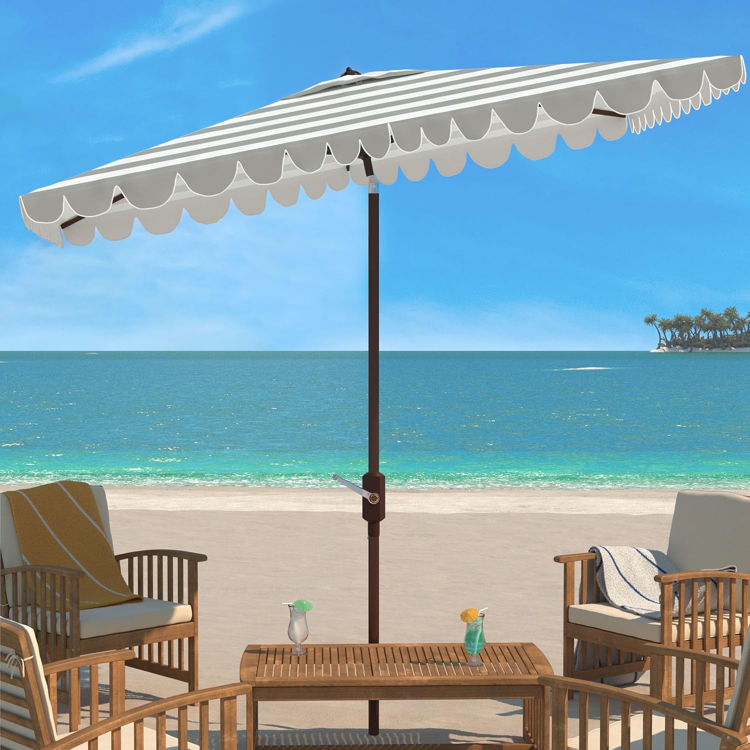 Safavieh PAT8311C Outdoor Vienna Navy and White 6'6" x 10' Rectangle Crank UV Protected Umbrella