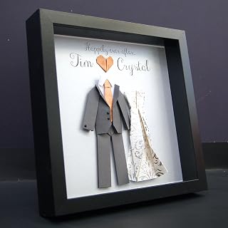 Personalized Wedding Gift, First Anniversary Gift, Engagement, Bridal Shower Paper Origami Bride & Groom Shadowbox Frame Custom Wall Art Gift
