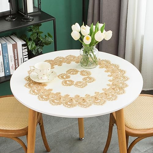 Mantel redondo pequeño de encaje, mantel bordado de granja con borde de macramé para tocador, boda, fiesta, mantel individual dorado, 24 pulgadas