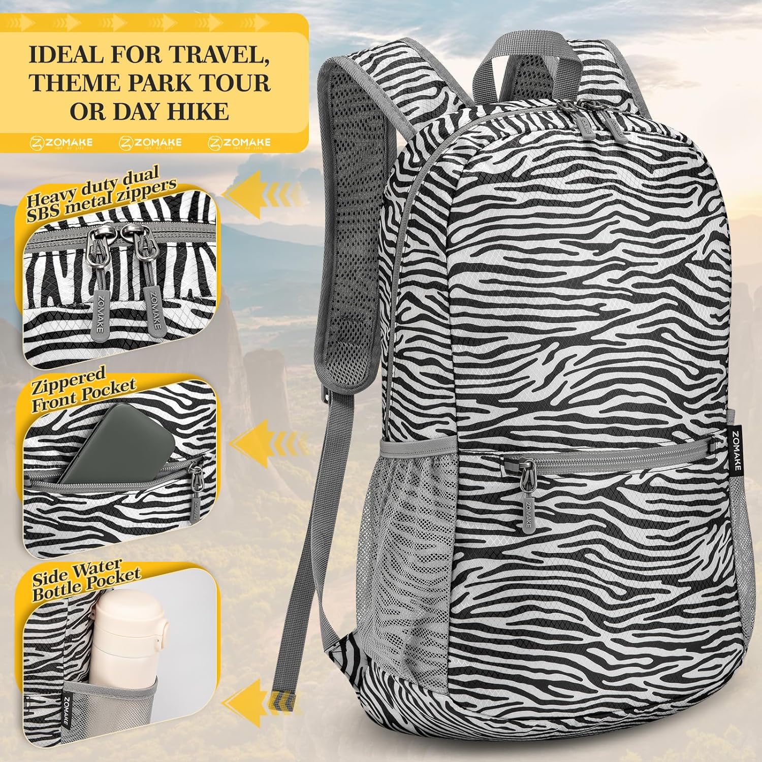 ZOMAKE Ultra Lightweight Hiking Backpack 20L, Packable Small Backpacks Water Resistant Daypack for Women Men(Zebra print)