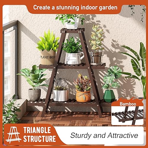 Miniatura 2 de Soporte para plantas de interior, estante de bambú para plantas al aire libre, escalera de 3 niveles, soporte para plantas para sala de estar,