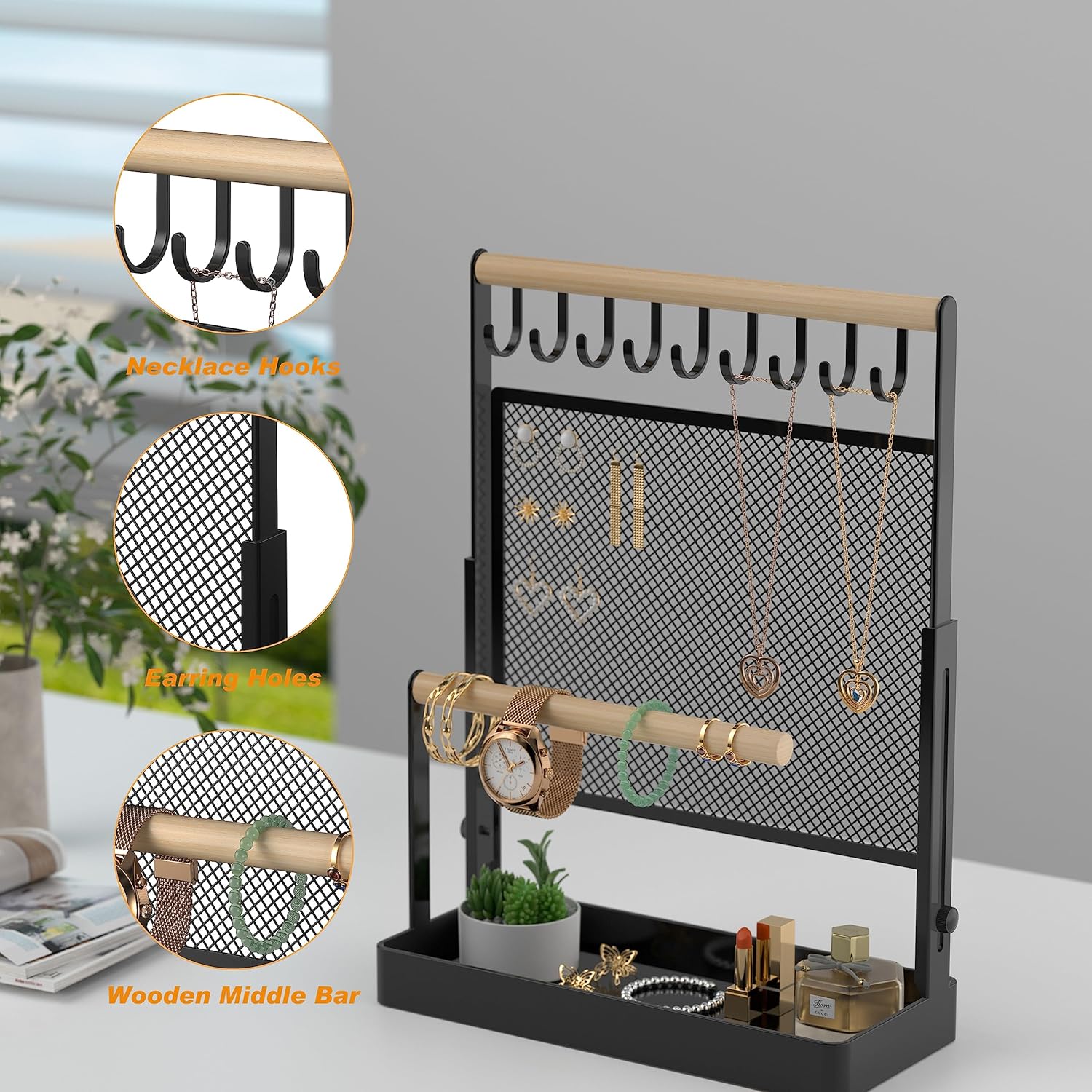 Jewelry Organizer Stand, Liftable Necklace Holder with Earring Organizer Net, 9 Hooks Necklaces Storage Wooden Handing Bar for Bracelets Watches Rings (Black) - Image 3