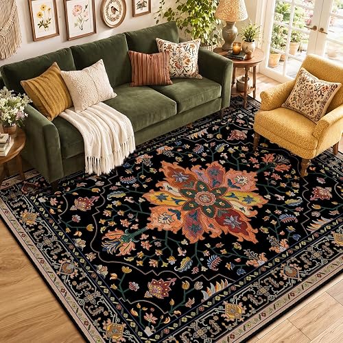 RELEANY Washable Area Rug, 5'x7', Black/Colorful