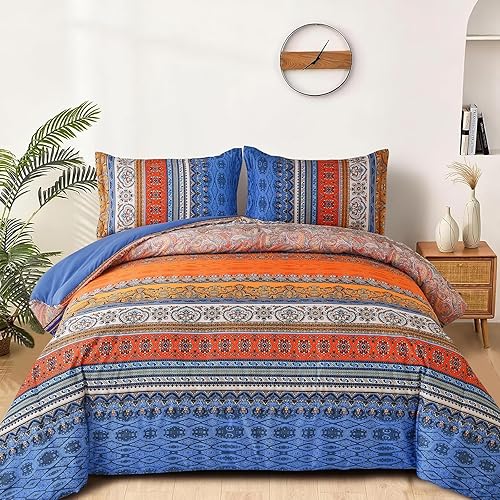Goodidea Edredón Boho Tamaño Queen, juego de edredón de 3 piezas azul naranja con rayas estilo bohemio occidental, juego de ropa de cama boho hippie
