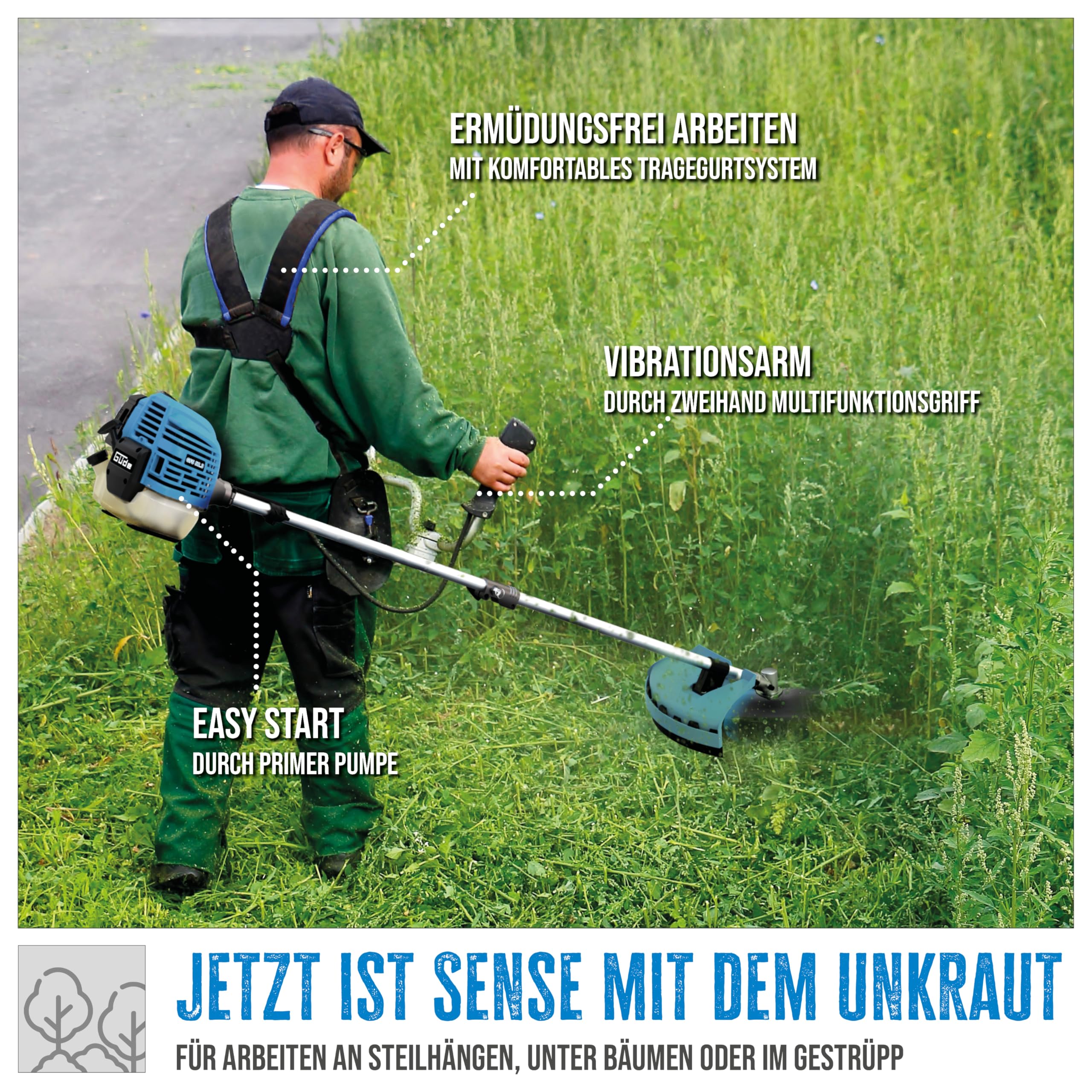 Güde GFS 52.3 Freischneider - 2-Takt-Motor, 52 Kubikzentimeter Hubraum, 1,45 Kilowatt, 2 PS, Schnittbreite 25,5 bis 44 Zentimeter je nach Schneidsystem, mit Fadenspule, Zwei Messern und Tragegurt