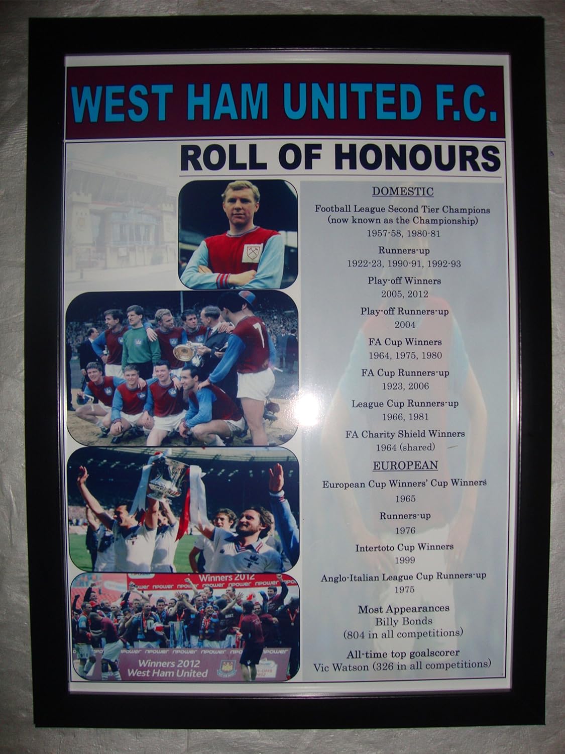 Lilywhite Multimedia West Ham United club history roll of honours - framed print