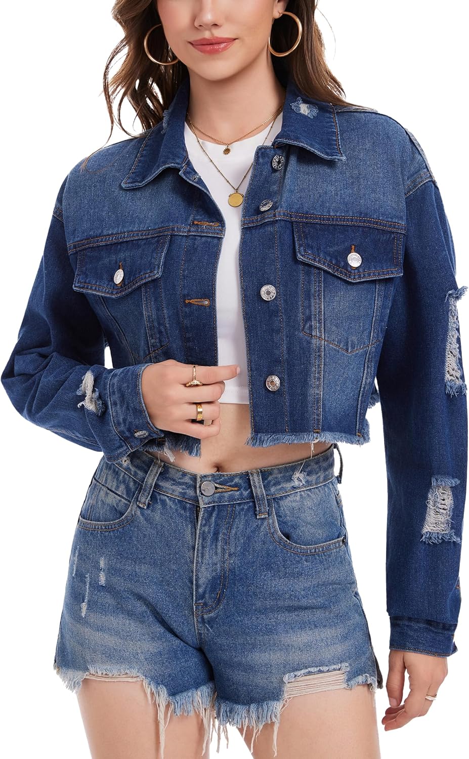 andy & natalie Women's Cropped Jean Jacket Fashion Frayed Hem Denim Jacket Long Sleeve Dressy Button Down Outfit Jackets