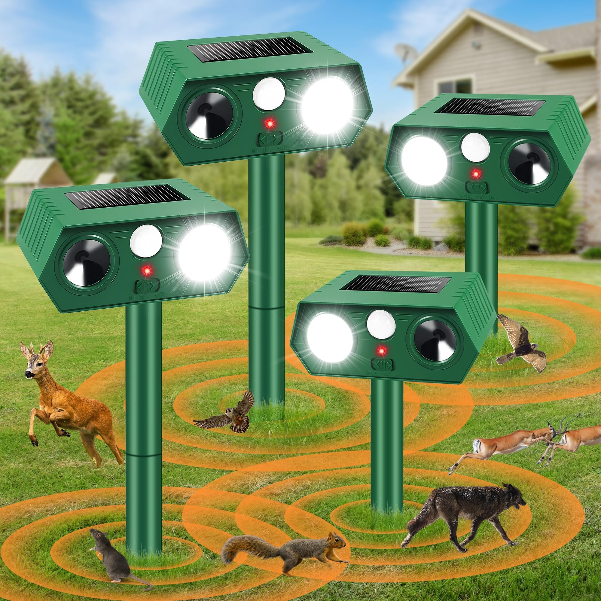 Lot de 4 répulsifs solaires à ultrasons pour chats avec détecteur de mouvement PIR et lumière clignotante - Étanches - Pour jardin, cour, chien, renard, oiseau