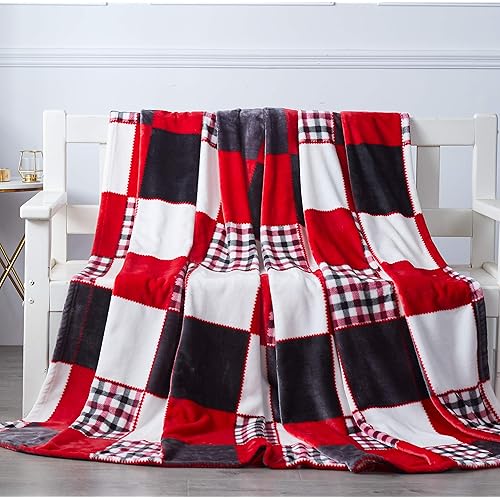 Tache Home Fashion Tache Holiday Red Super Soft Fleece Plaid Patchwork Throw Bed Blanket, 50x60 Inches (4025)