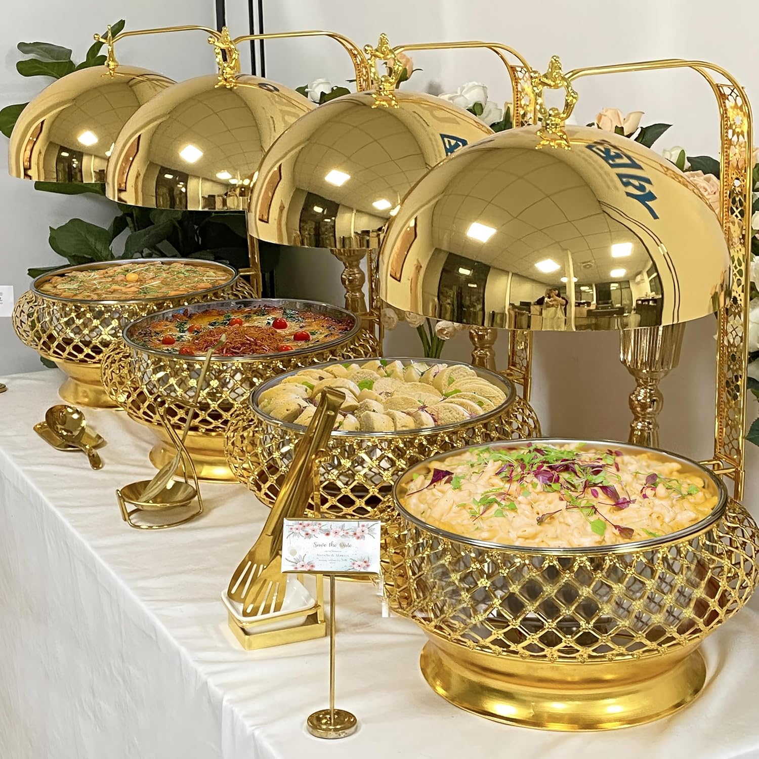 Party Wedding Table Setting Food Warmer Golden Fancy Elegant Cheffing Dishes with Hanging Lid Gold Chaffing Dishes (Gold, 6L)