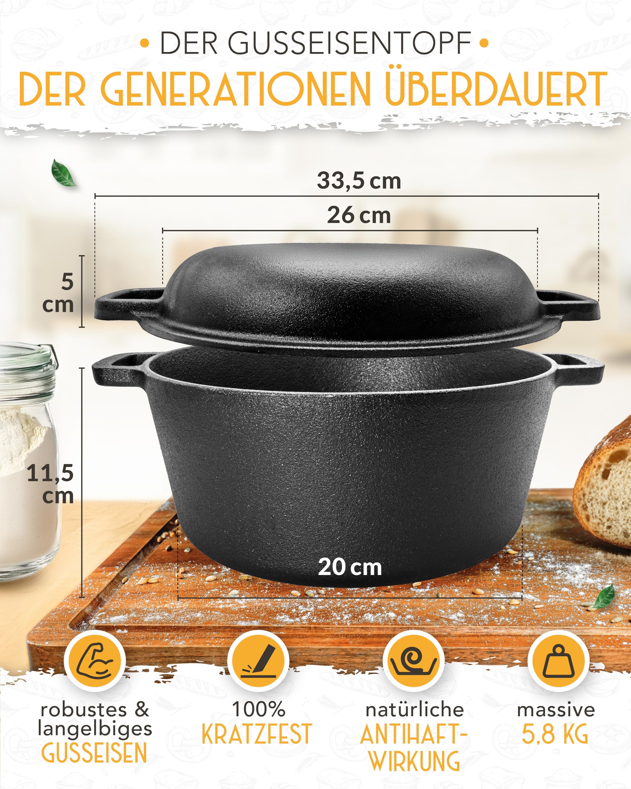 KRUSTENZAUBER Set XXL per pane in ghisa – Stampo per pane con coperchio con cestino per lievitazione, frusta, coltello da forno, raschietto per pasta, ciotola per pane e molto altro ancora – Set