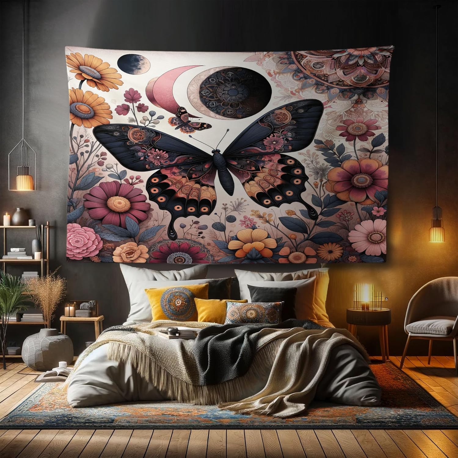 Ambesonne Boho Tapestry, Witchy Floral Garden Scene Moon and Butterfly with Mandala Ornaments Spring, Fabric Wall Hanging Decor for Bedroom Living Room Dorm, 90" X 60", Blush Dark Slate Blue
