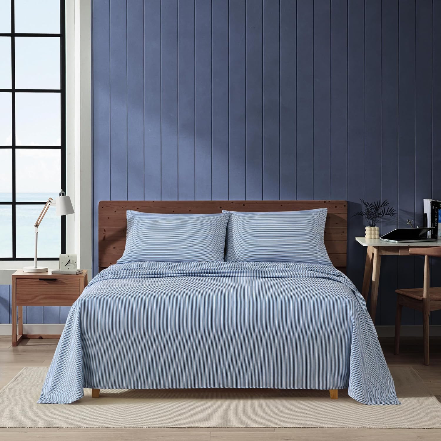 Nautica - Twin Size Sheet Set, Microfiber Bedding with Deep Pocket Fitted Sheet, Bed Sheets with Matching Pillowcase, Alden Stripe Blue