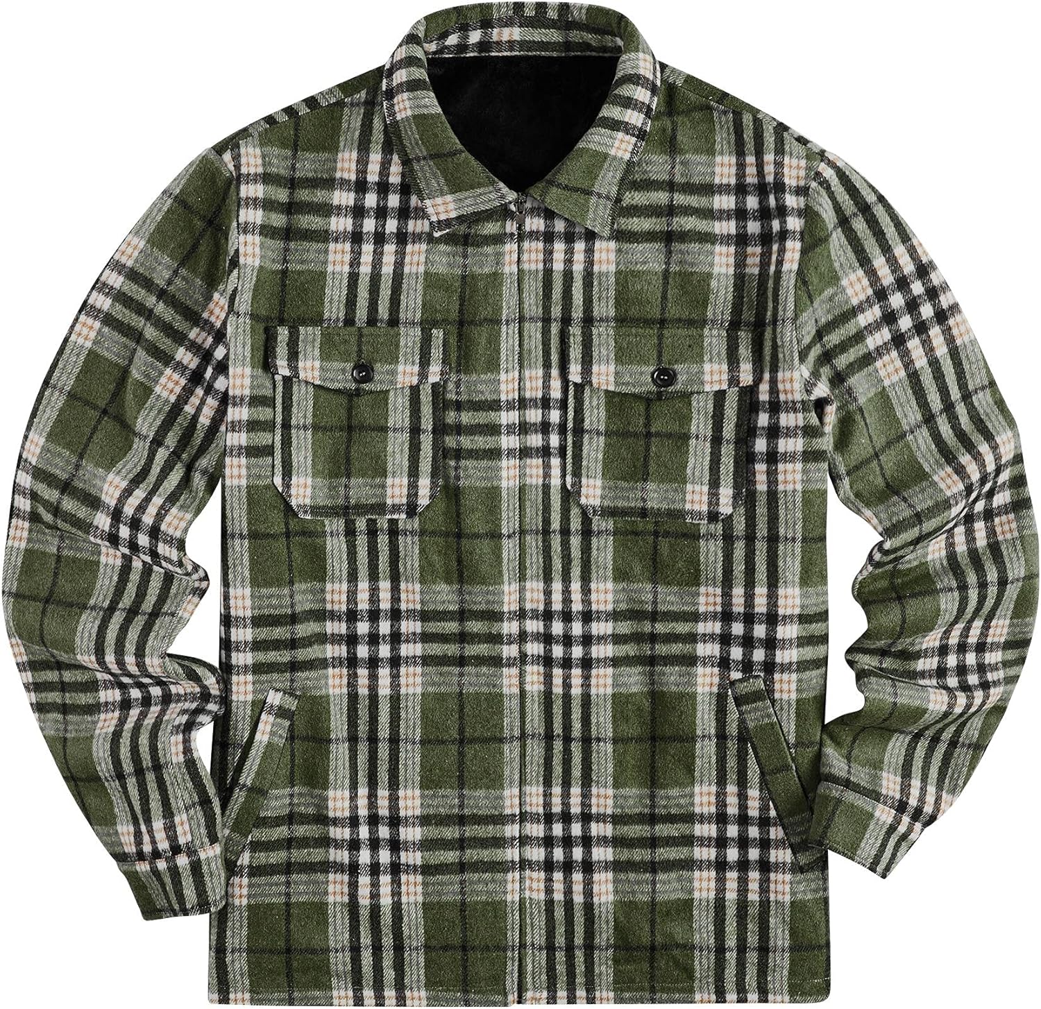 Mens Fleece Jacket Sherpa Lined Zip Up Buffalo Plaid Flannel Coat Casual Long Sleeve Warm Fall Winter Outwear - Image 4