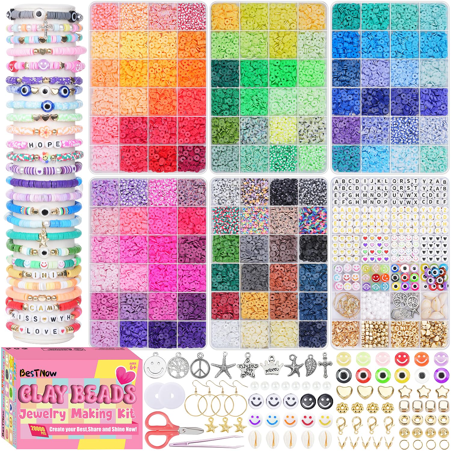 Mio Angle Friendship Bracelet Making Kit 6 Box 120 Colors Clay Beads Heishi Beads Jewelry Making Kit Letter Beads Charms Pearl Cute Chams Holiday Gifts for Girls Adults