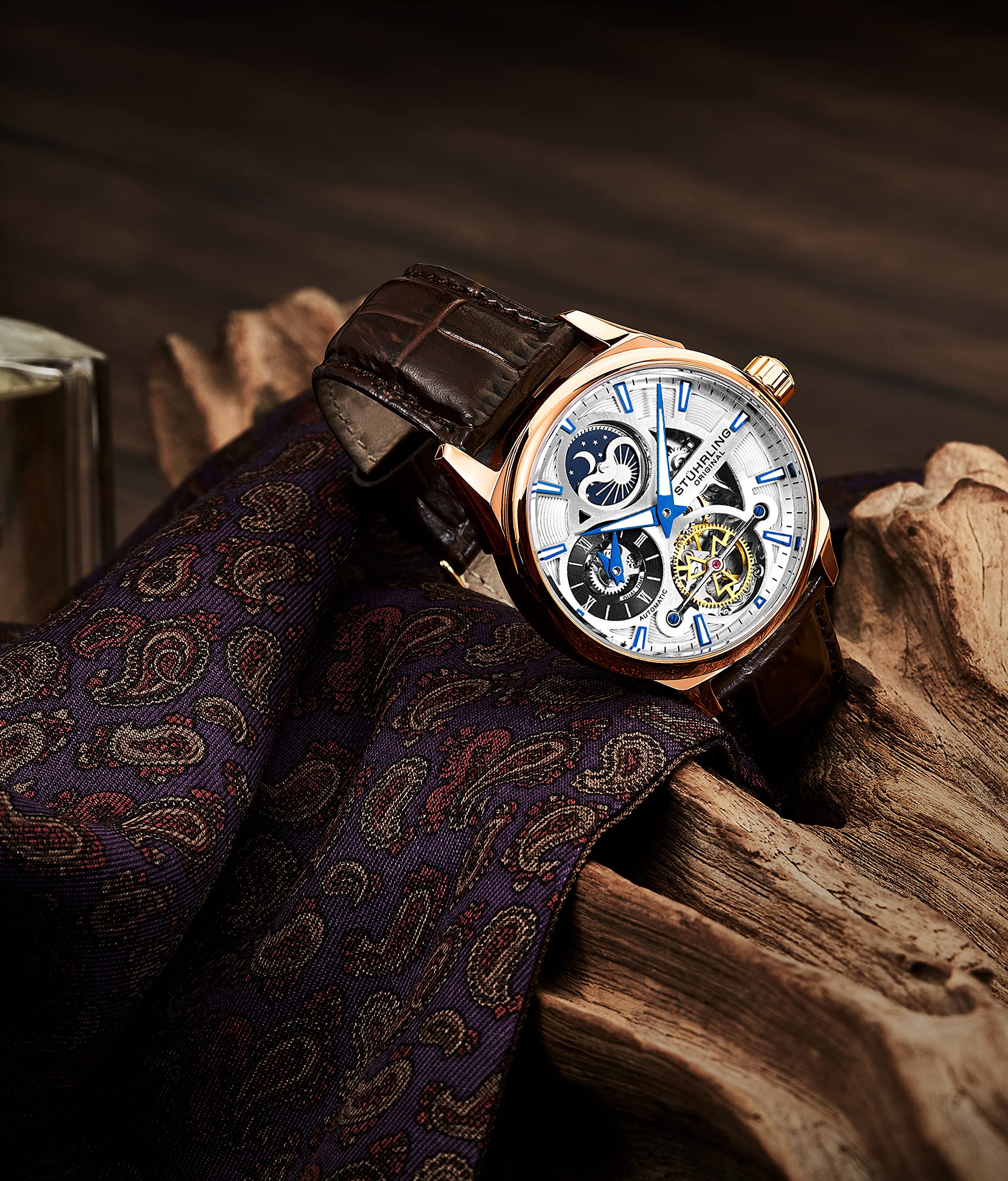 Stuhrling Original Skeleton Dress Analoguhr für Herren, automatische mechanische Armbanduhr, vergoldet/Edelstahl, Armband aus echtem Kalbsleder
