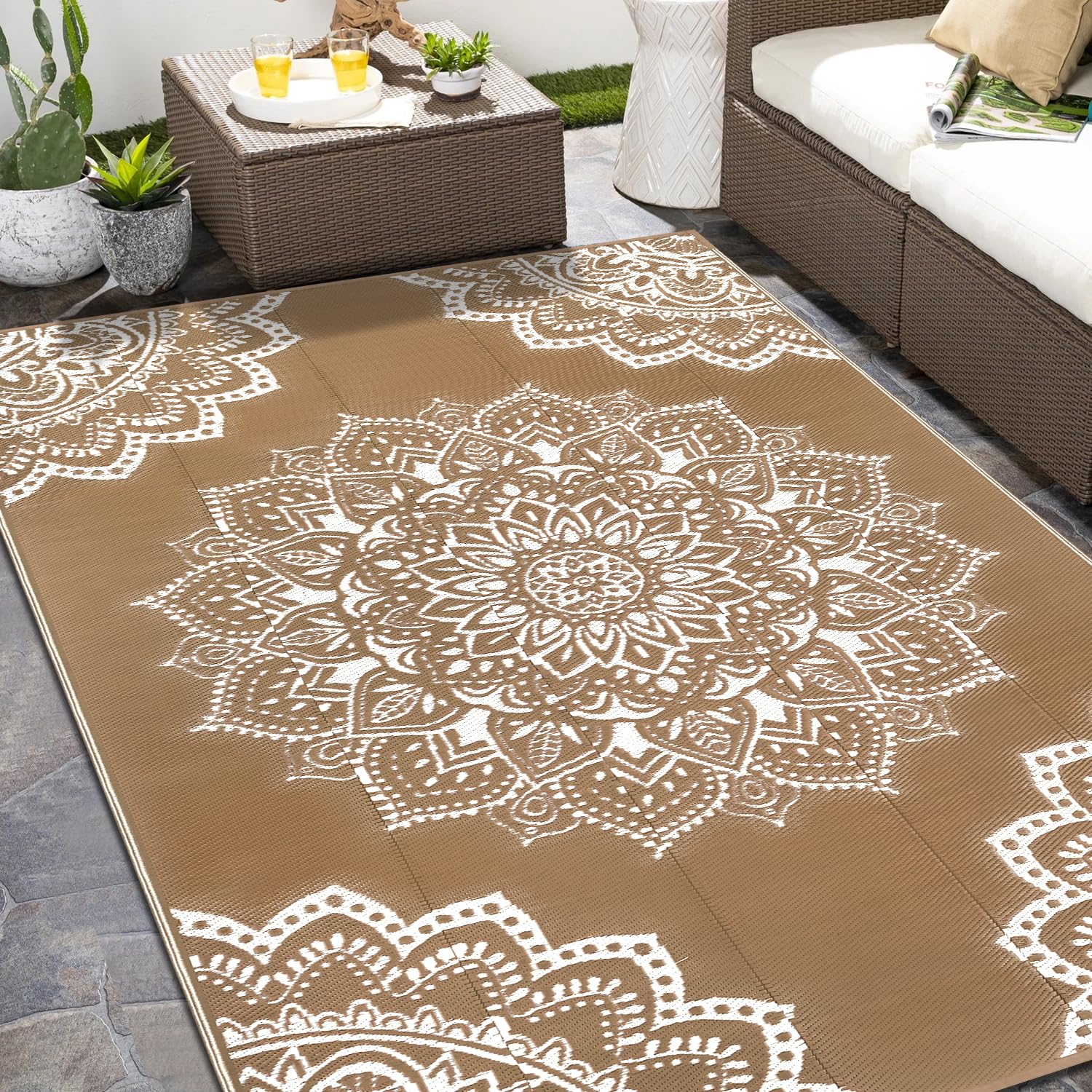 Yamaziot Waterproof Outdoor Rug 6x9 ft Brown