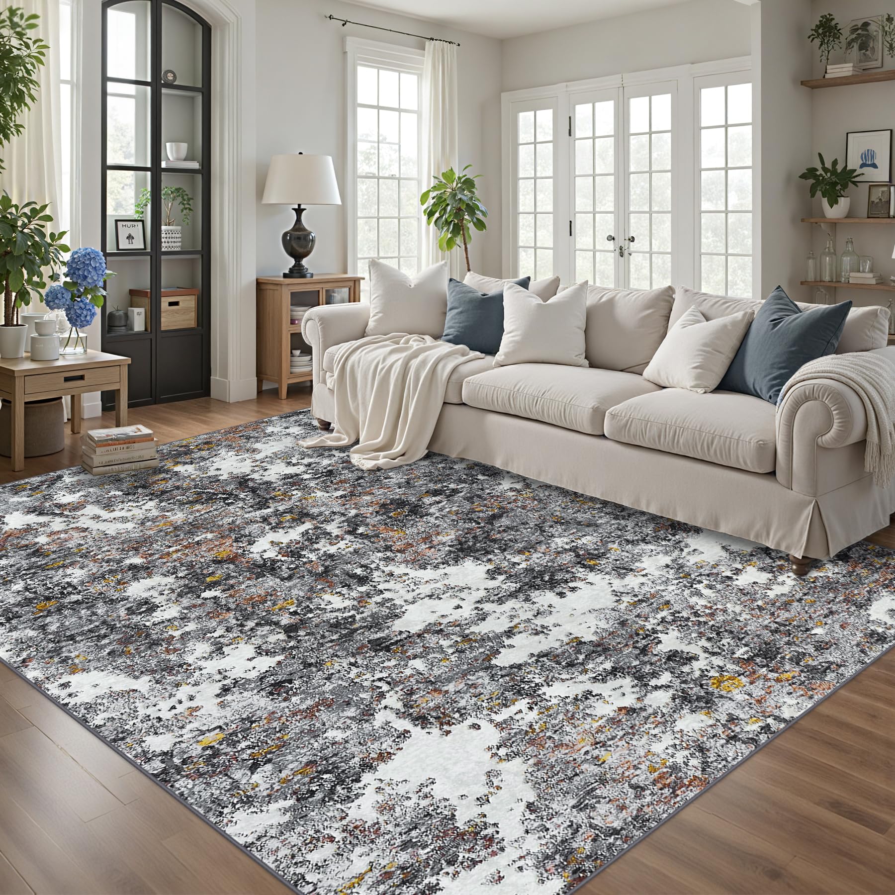 8x10 Area Rug for Living Room Bedroom: Large Washable Rug with Anti-Slip Backing Non-Shedding Stain-Resistant Soft Abstract Carpet for Dining Room