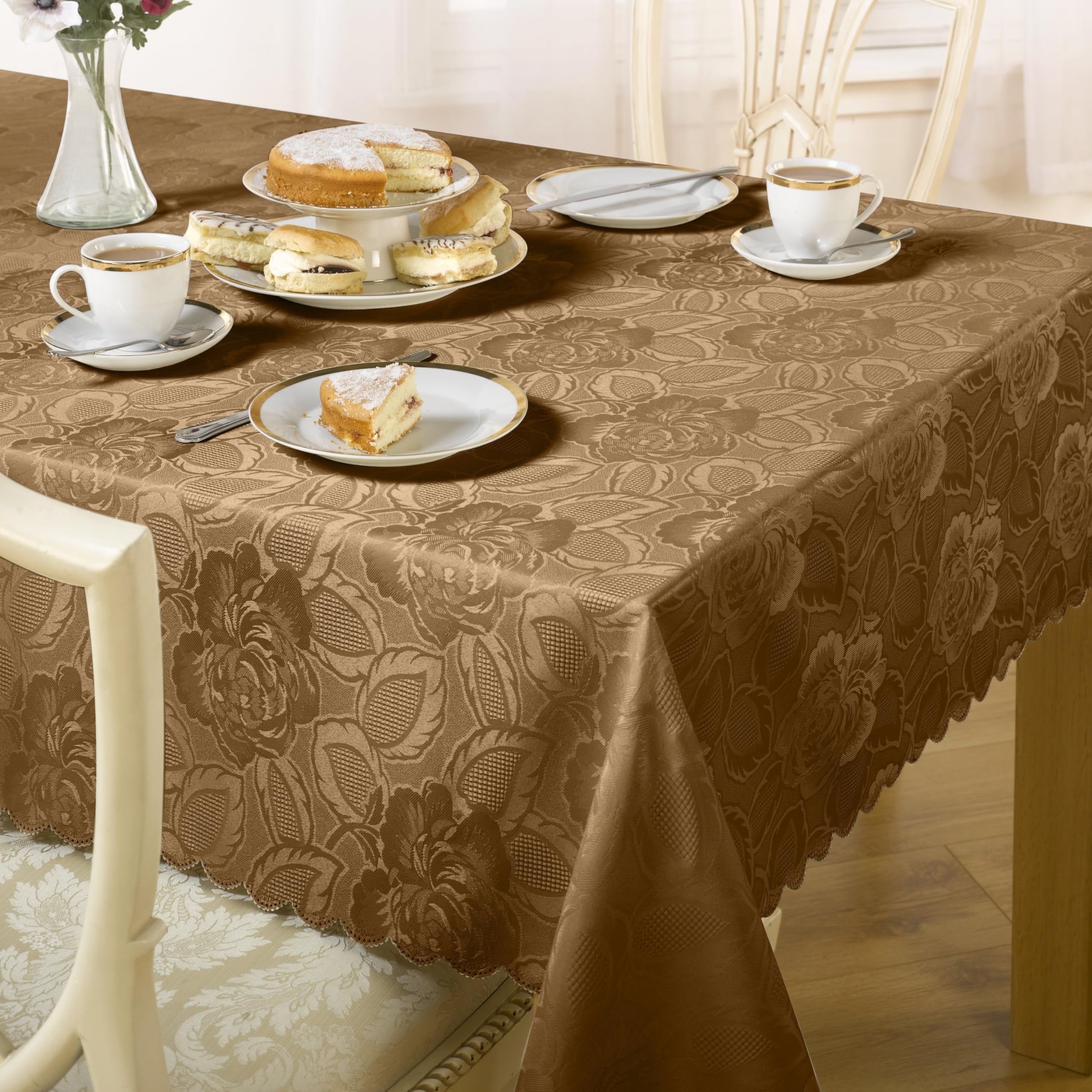 Emma Barclay Coffee Damask Rose - Jacquard Table Cloth In - 60X84 (152X213cm)