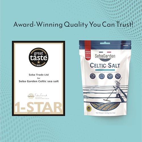 Seba Garden Keltisches Meersalz grau, 1 kg zertifizierter organischer wiederverschließbarer Beutel mit grauem Meersalz, handgeerntet, enthält über 82 essentielle Mineralien (1 kg, Original)