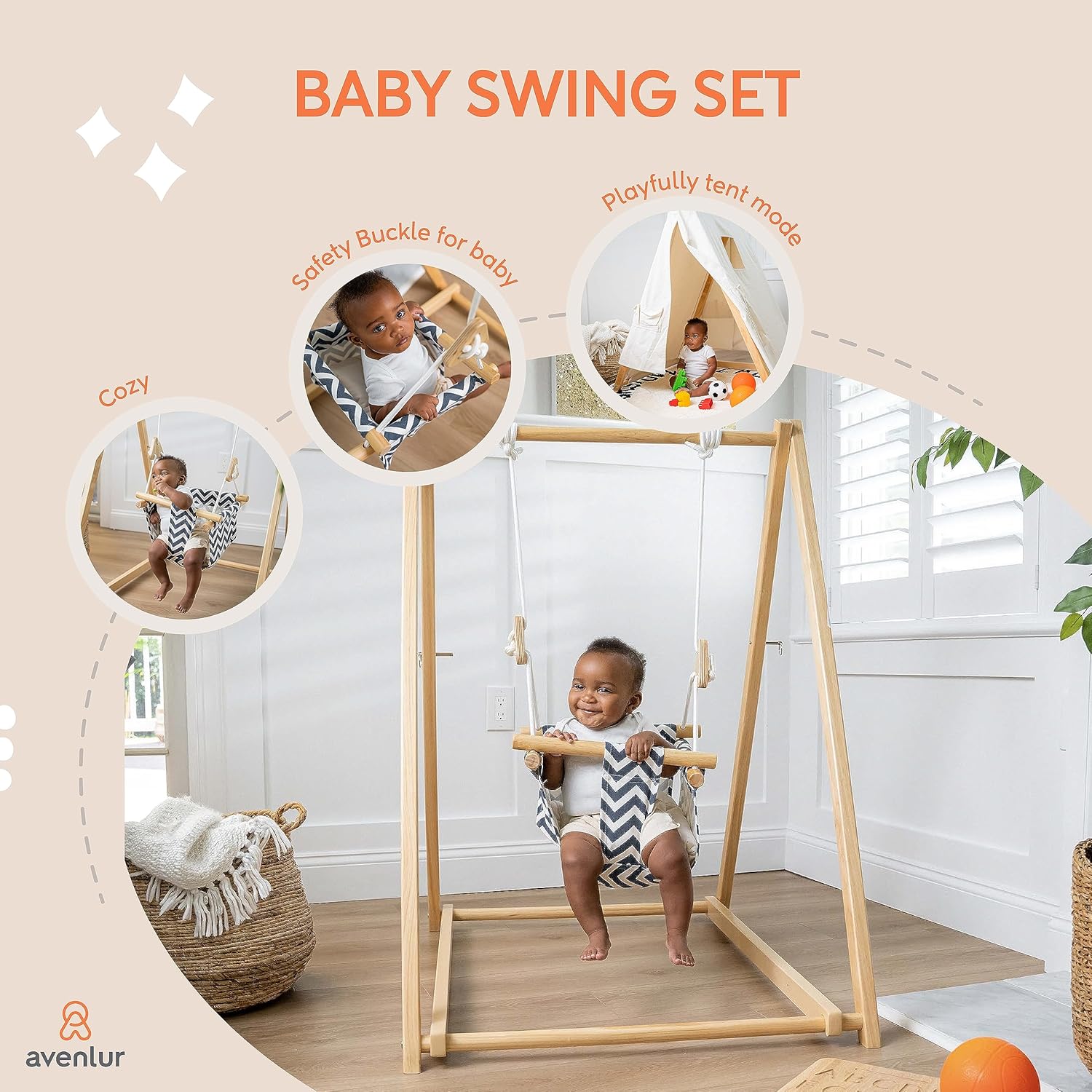 Avenlur Spruce Baby and Toddler Swing with Stand - Foldable Baby Swing - with Seat Belt and Padded Pillow - Free Standing Toddler Swing for Children 6 Months to 3 Years - Montessori and Waldorf Style